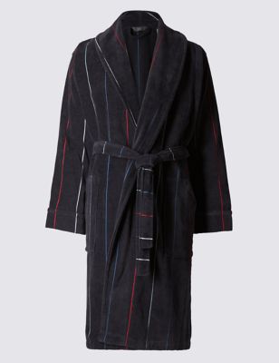 Pure Cotton Thermal Velour Jacquard Striped Dressing Gown